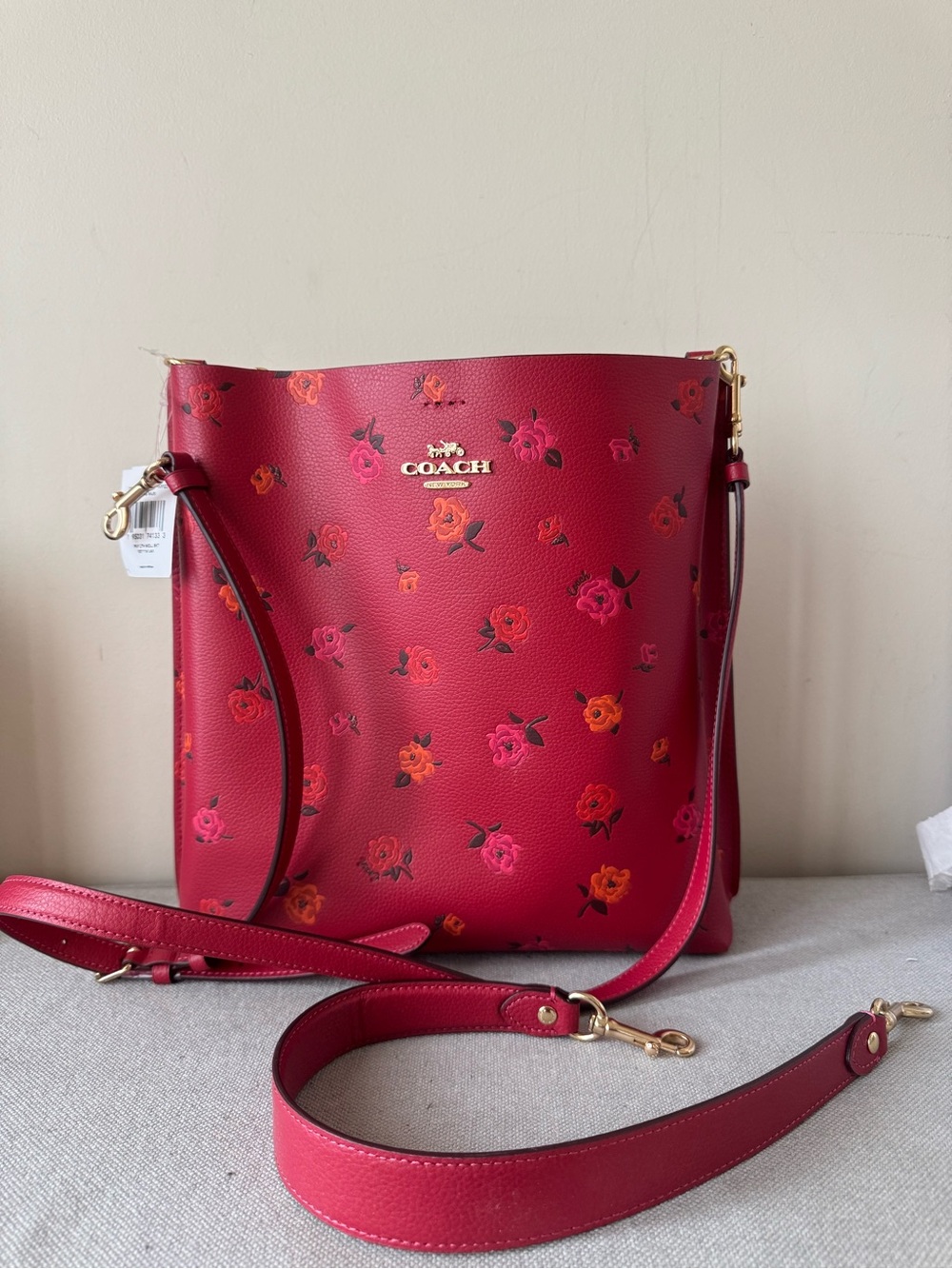 Coach Red Apple Multi- Peony Flower Bucket Handbag Purse
